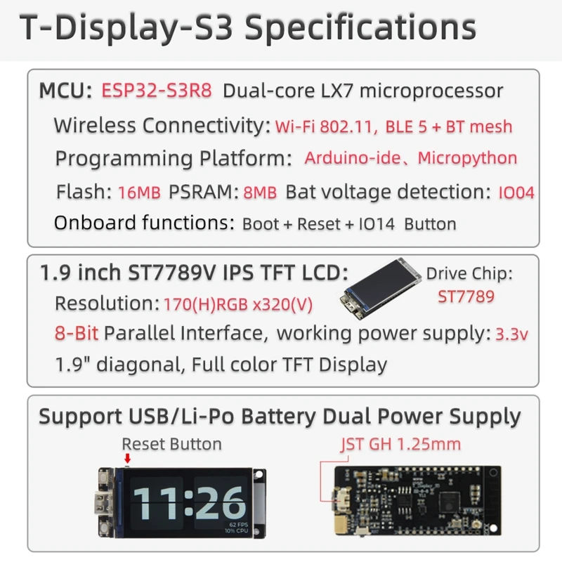 LILYGO T-Display-S3 ESP32-S3 1.9 in ST7789 Плата разработки ЖК-дисплея WIFI Bluetooth-совместимый беспроводной модуль 5.0